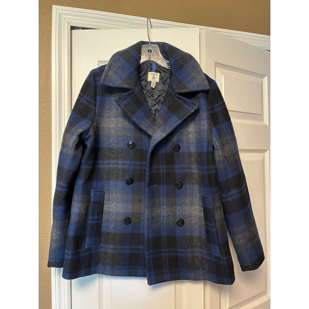 Lands End Kids Plaid Large Peacoat Wool Jacket Nautical Preppy Navy Black